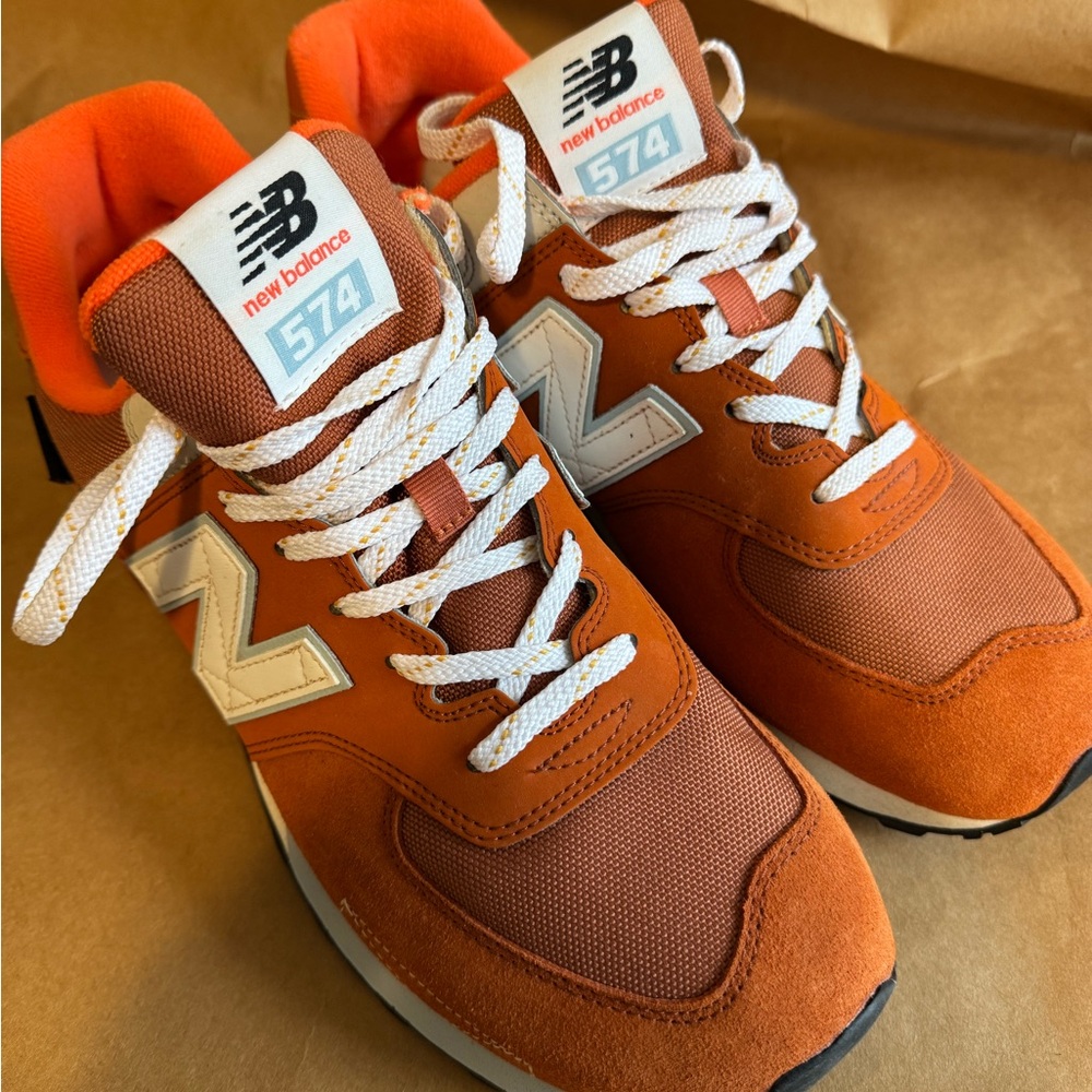 New Balance 574 Burnt Orange and White Sneakers